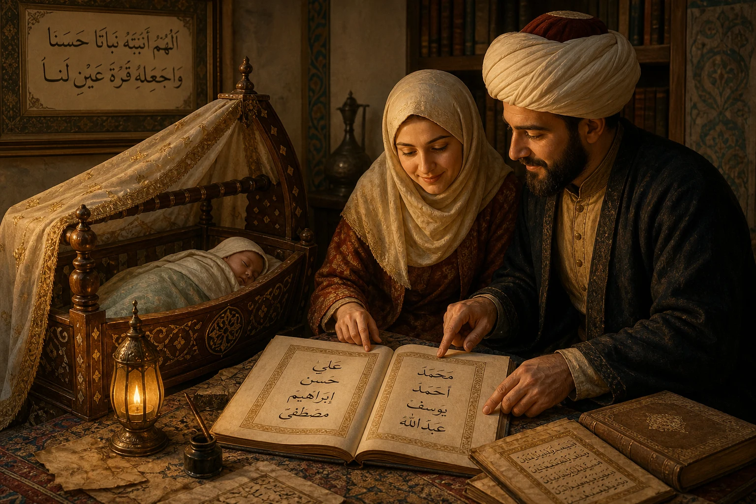 Bebek ismi seçerken ebced: anne-baba uyumunu anlatan klasik Osmanlı aile görseli.