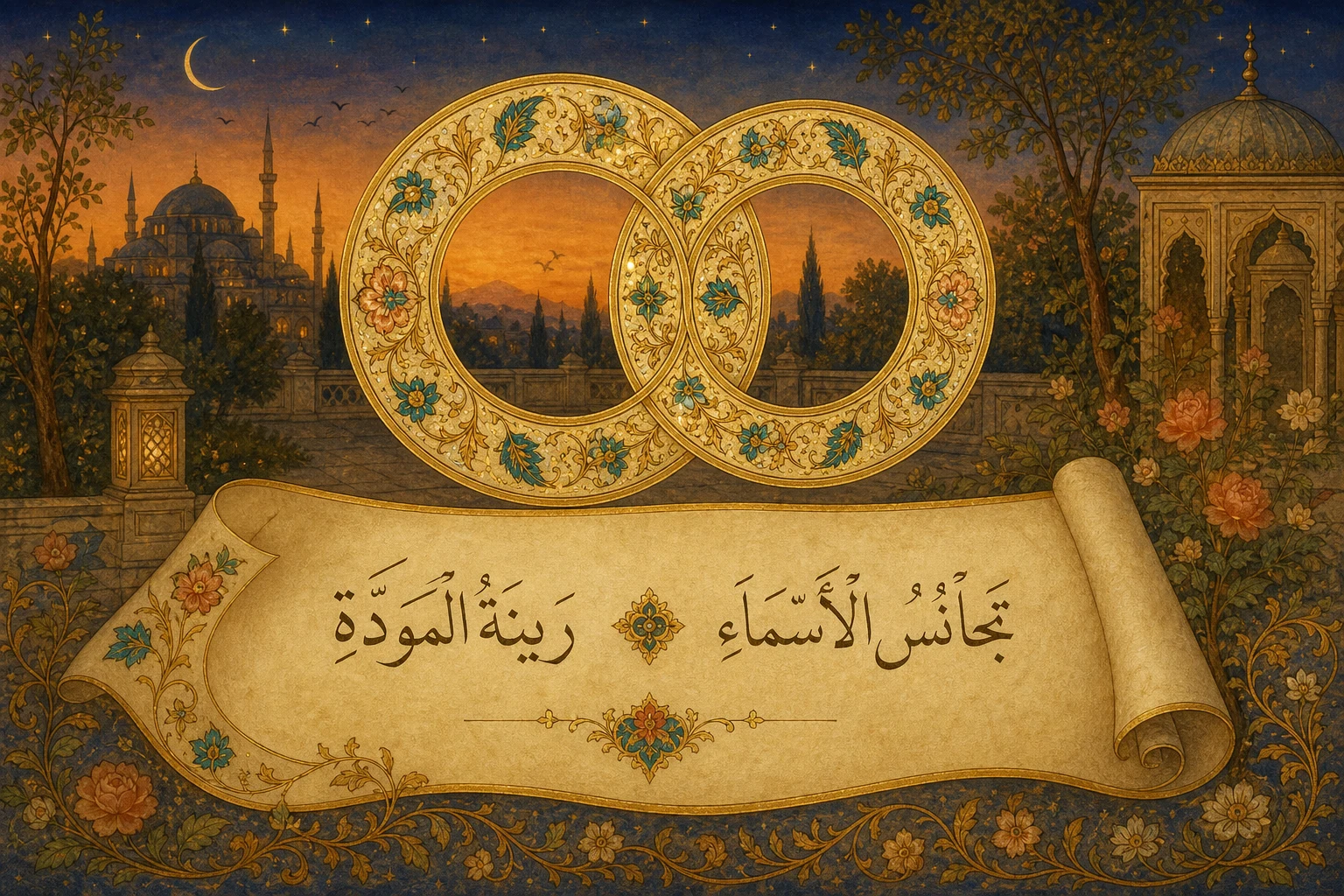 Ebced hesabı evlilik uyumu — iki altın tezhip halkası ve isim kesişmesi minyatürü