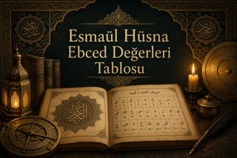 Esmaül Hüsna ebced değerleri tablosu — Osmanlı parşömeni, ebced ızgarası ve tezhip kenarlıklı kapak