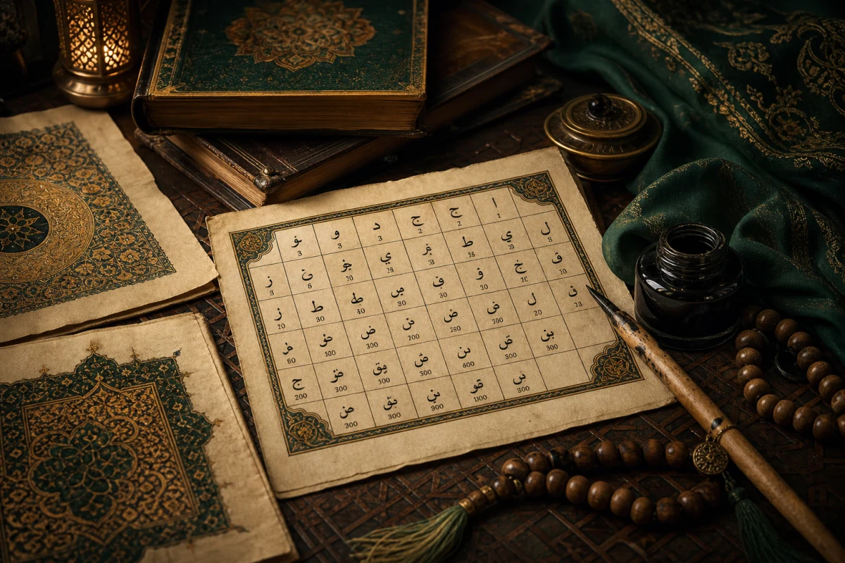 Esma ve ebced — kalem, parşömen ve harf-sayı ızgarası temalı yazı ortası görseli