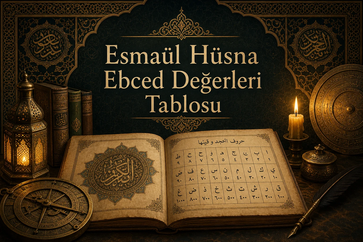 Esmaül Hüsna ebced değerleri tablosu — Osmanlı parşömeni, ebced ızgarası ve tezhip kenarlıklı kapak