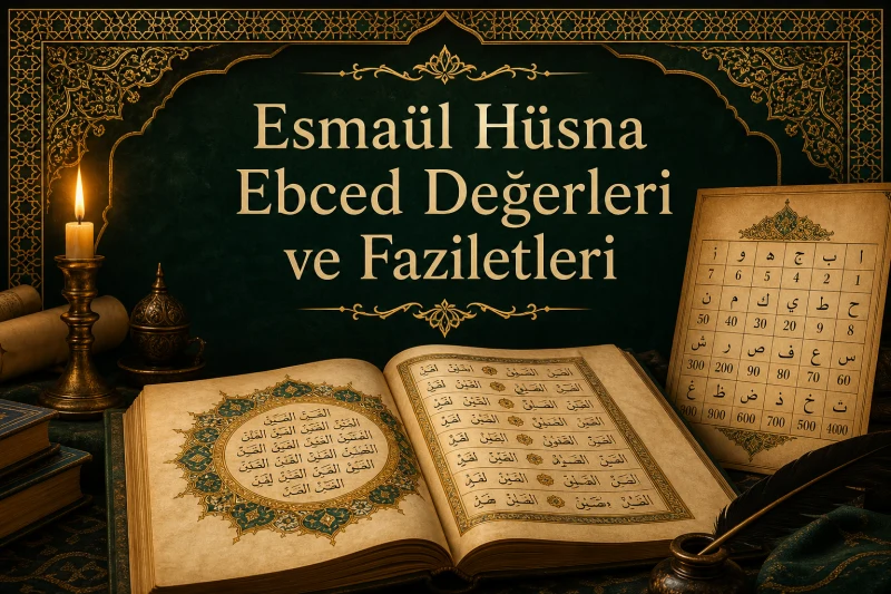 Esmaül Hüsna ebced değerleri ve faziletleri — tezhip kenarlı parşömen ve ebced ızgaralı kapak