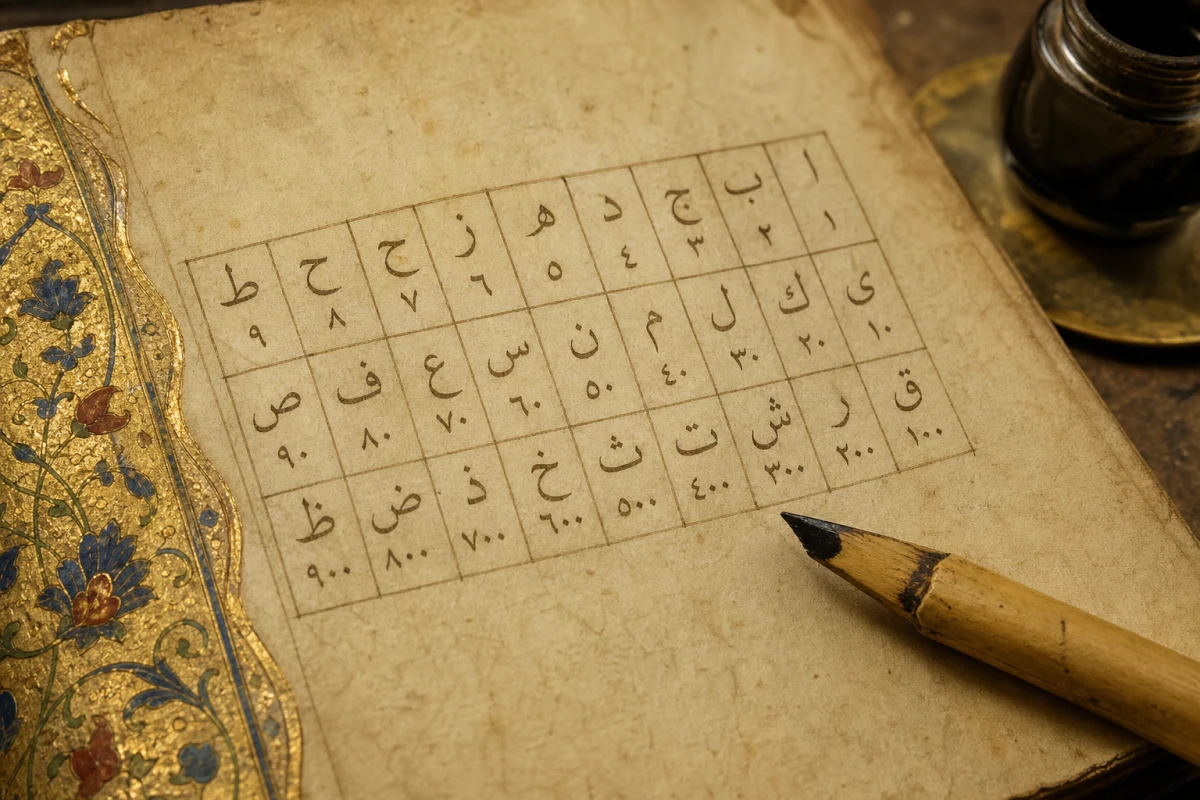 El yazması risale sayfası ve abjad ızgarası — Osmanlı grafik