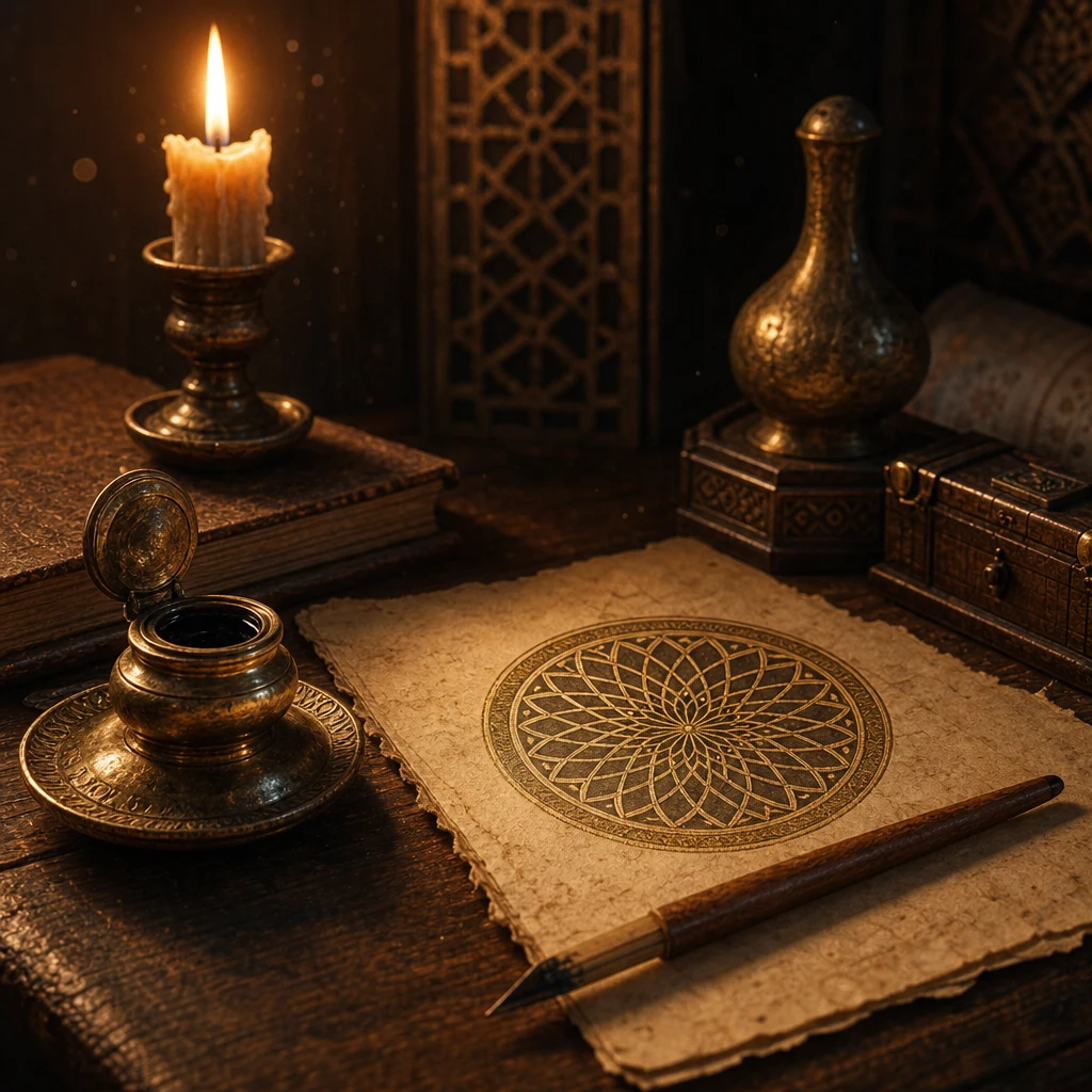 İsimden esma bulma — kalem, parşömen ve altın geometrik madalyon ambiyansı
