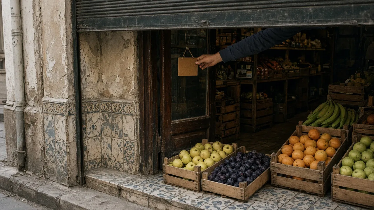 Sabah kepengi yarıya kadar açılmış mahalle manavı, kapıdaki tabelayı çeviren esnaf eli ve kasalarda meyveler