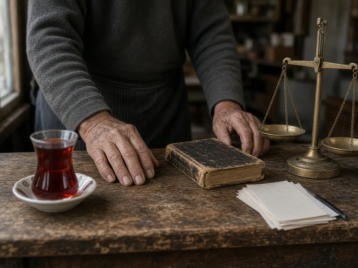 Ahşap tezgâh üzerinde yaşlı esnafın elleri, eski bir dua kitabı, pirinç terazi ve ince belli bardakta çay