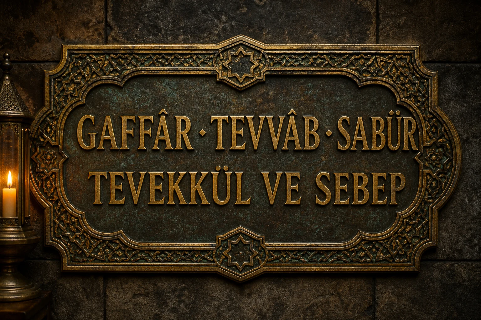 Gaffâr, Tevvâb, Sabûr — tevekkül ve sebep, eskitme kabartma levha